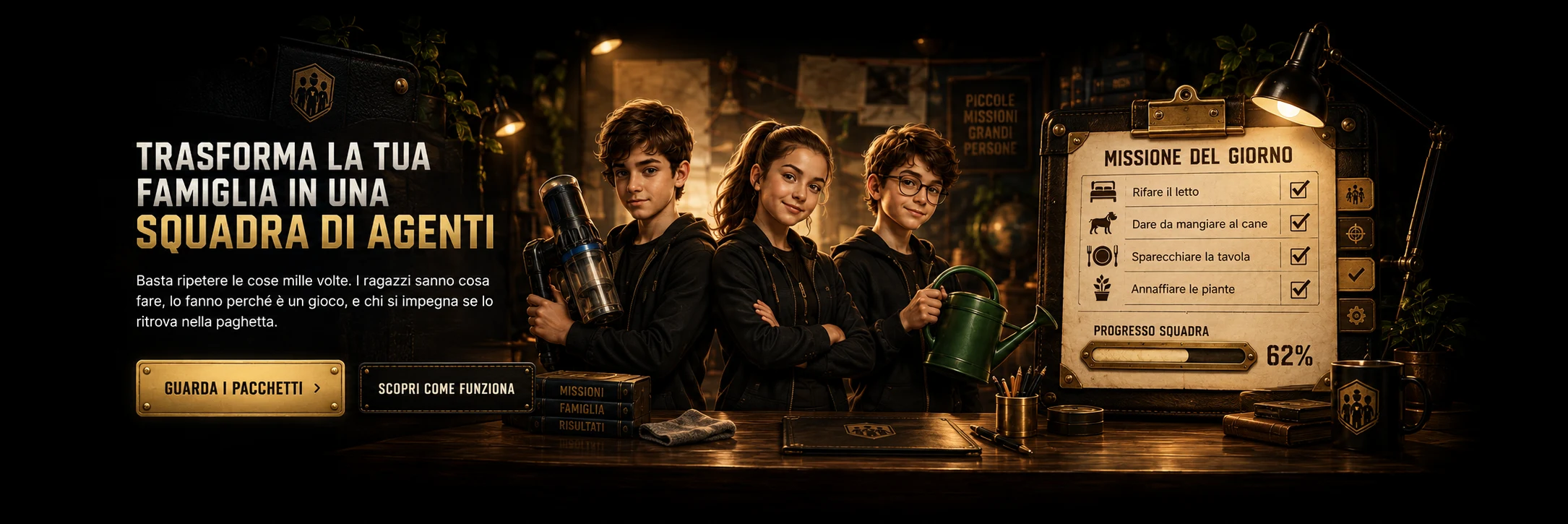 Mach aus deiner Familie ein Team von Agenten. Schluss damit, alles tausendmal zu sagen: die Kinder wissen, was zu tun ist, sie tun es, weil es ein Spiel ist, und wer sich einsetzt, findet es im Taschengeld wieder.