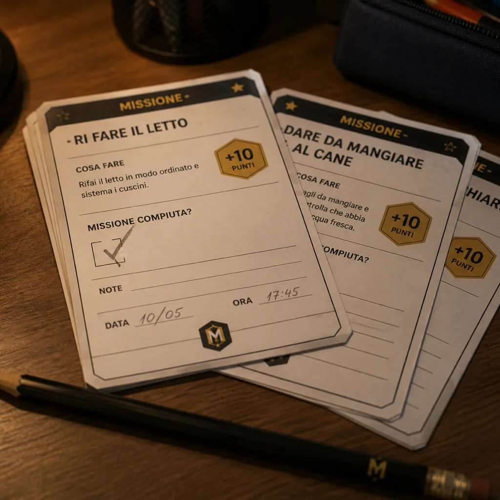 Die ausgedruckten Missionskarten, mit dem Stift auszufüllen