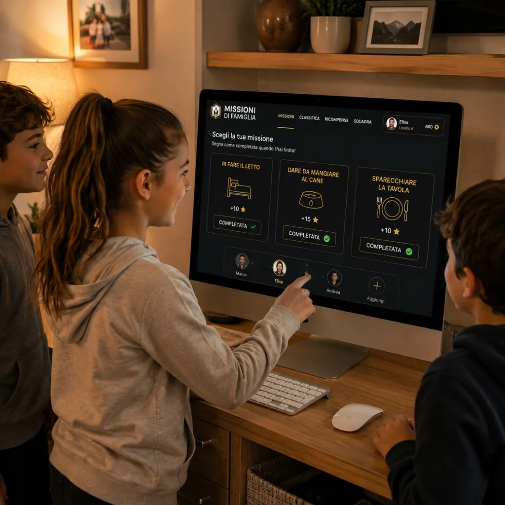 Eine Familie, die die Missionen am Familiencomputer abhakt